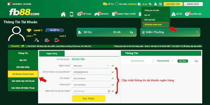 Hướng dẫn cập nhật thông tin tài khoản ngân hàng tại FB88